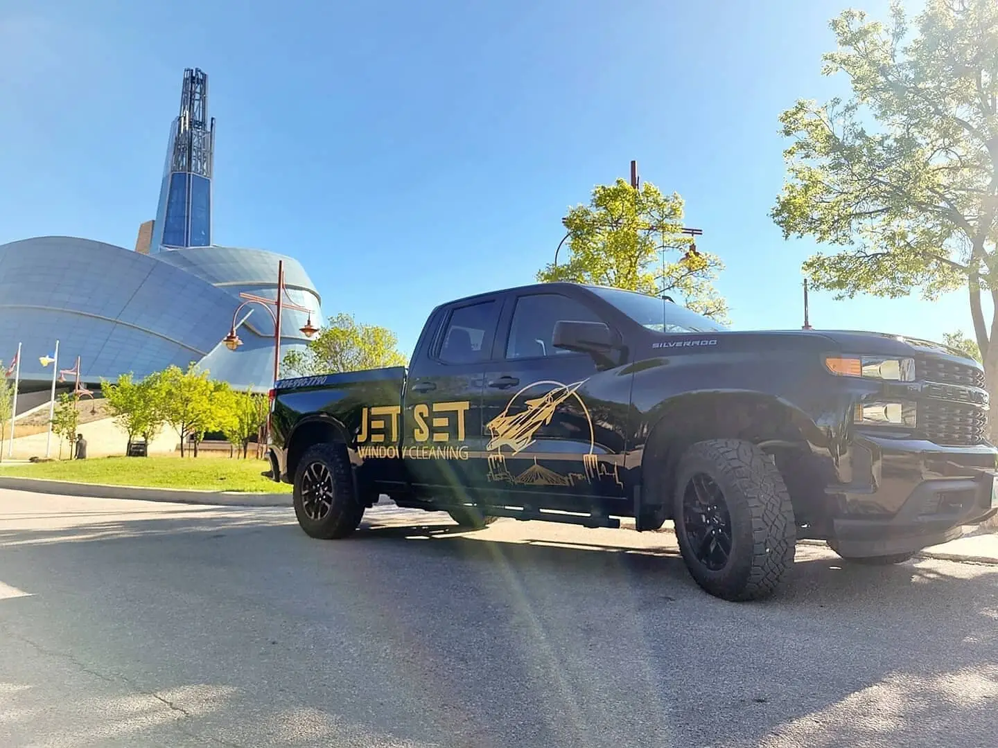 Jet Set Window Cleaning truck parked by the Canadian Museum for Human Rights in Winnipeg